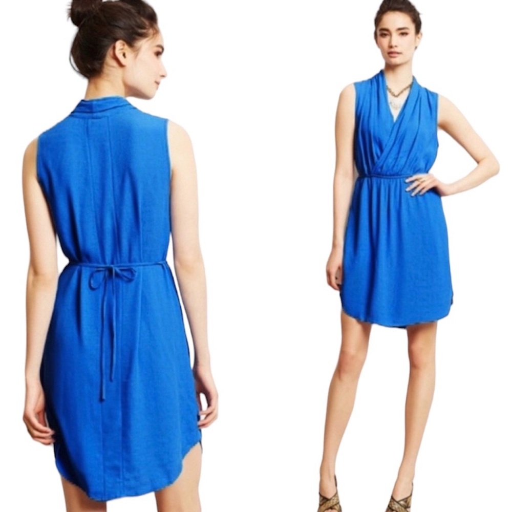 Maeve Anthropologie • Blue Liban Shawl Mini Dress • Tie Waist • Pockets • Size S